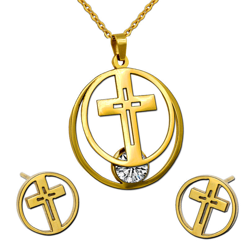 GOLD/STEEL with ZIRCONIA + TWO CIRCULARS WITH INTERNAL CUT CROSSES AND DIAMONDS SET asonjewelry