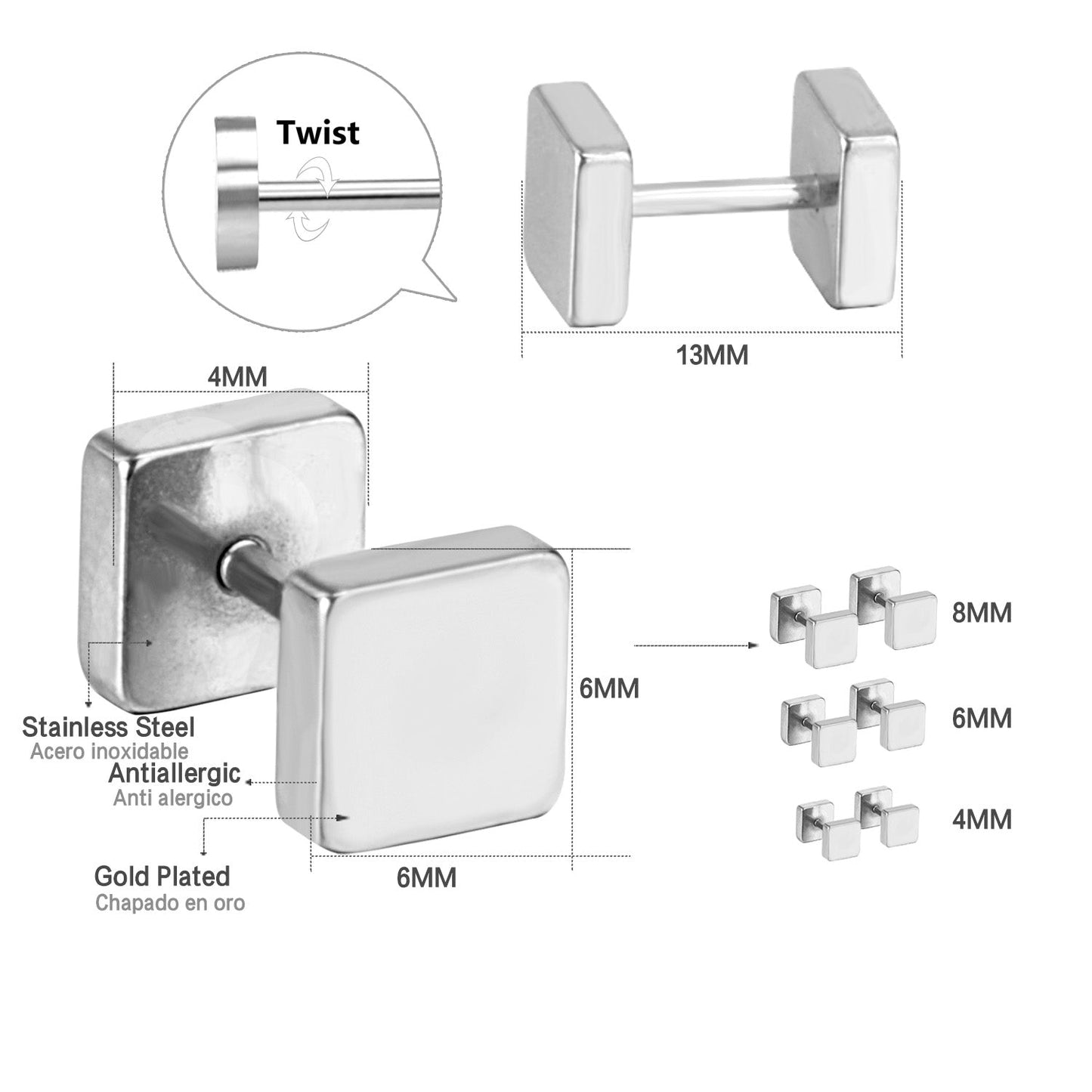 4mm/6mm/8mm Gold-Steel Square Cake Plugs asonjewelry