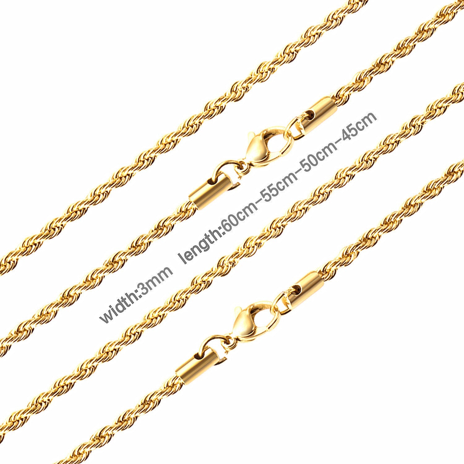 ASON 10pcs/bulk long necklace collar 3mm*45cm & 4mm*45cm twisted matching chain steel color & gold color stainless steel necklace wholesale asonjewelry