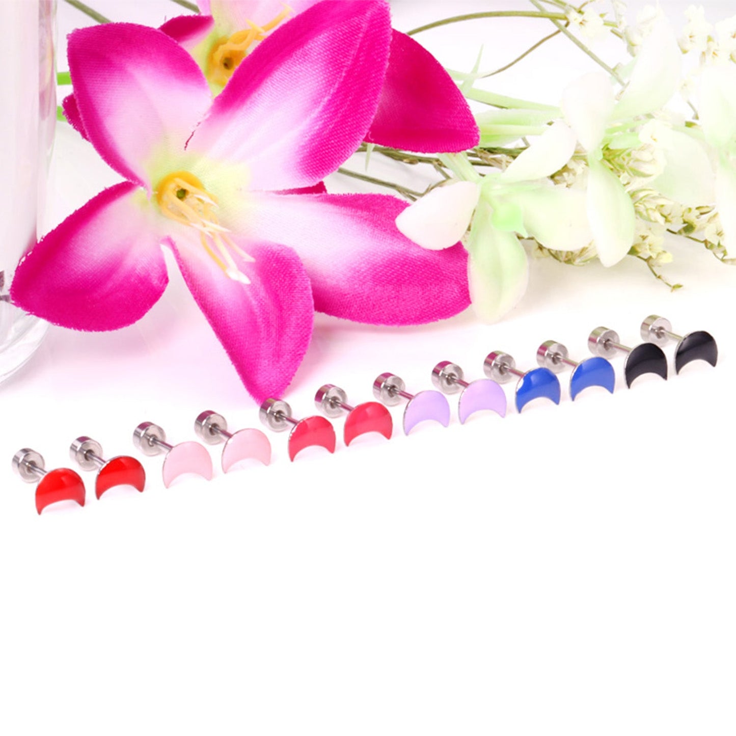 12 pairs Steel / Goldtone Moon Shaped Mixed Color Screwback Earrings asonjewelry