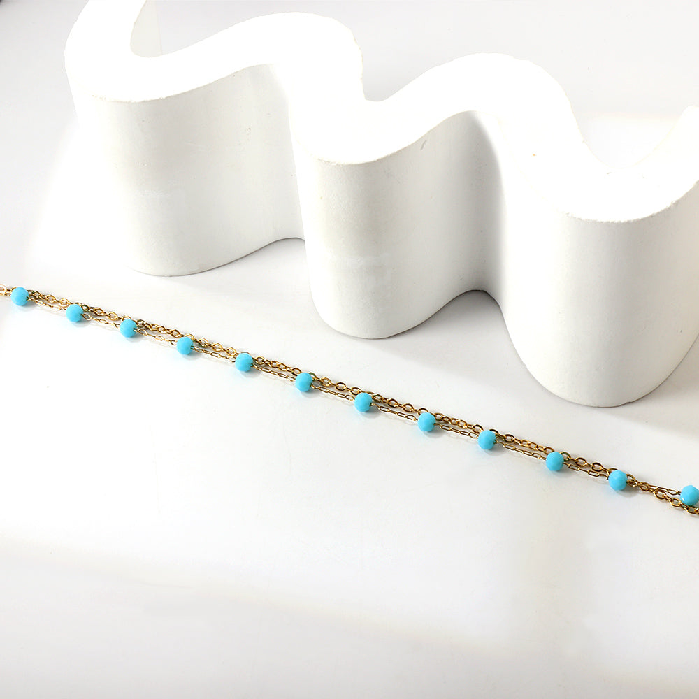12 blue beads + matching chain double chain anklet 21+5cm gold color asonjewelry