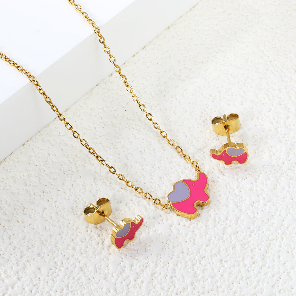 8.6*6.4mm small elephant with pink oil drop earrings +12.2*9mm pendant set cross 0.3mm*45+5cm+6mm round plate steel color / gold color