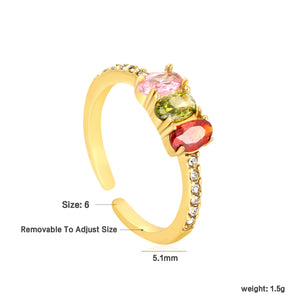 18K Gold Plated Stainless Steel Open Band Ring - Multicolor Gemstone & Cubic Zirconia Decorated Jewelry