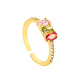 18K Gold Plated Stainless Steel Open Band Ring - Multicolor Gemstone & Cubic Zirconia Decorated Jewelry