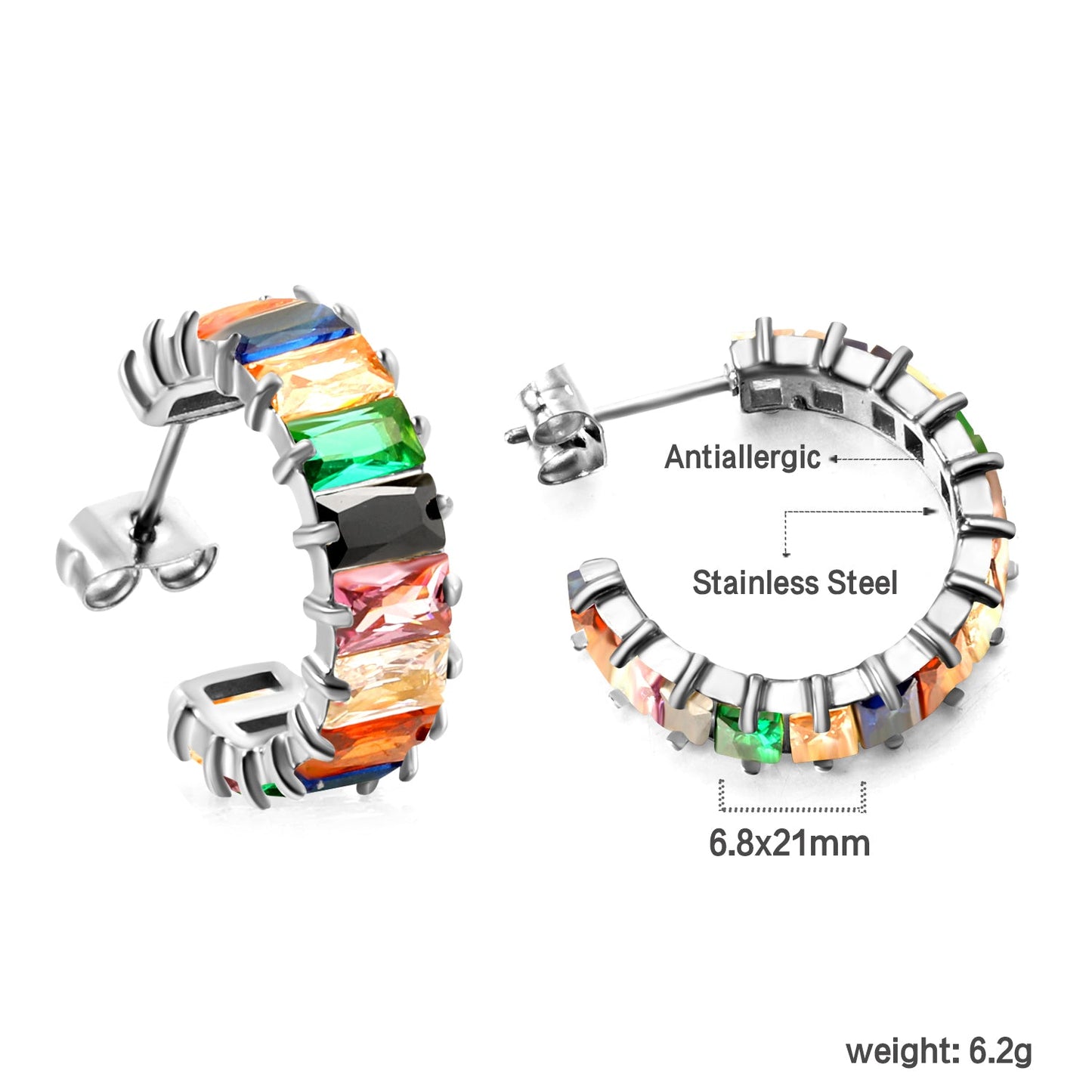 C-Shape with Two Catch Baguette White&Purple&Green&Mixed Diamond Stud Earrings 6.8*21mm asonjewelry