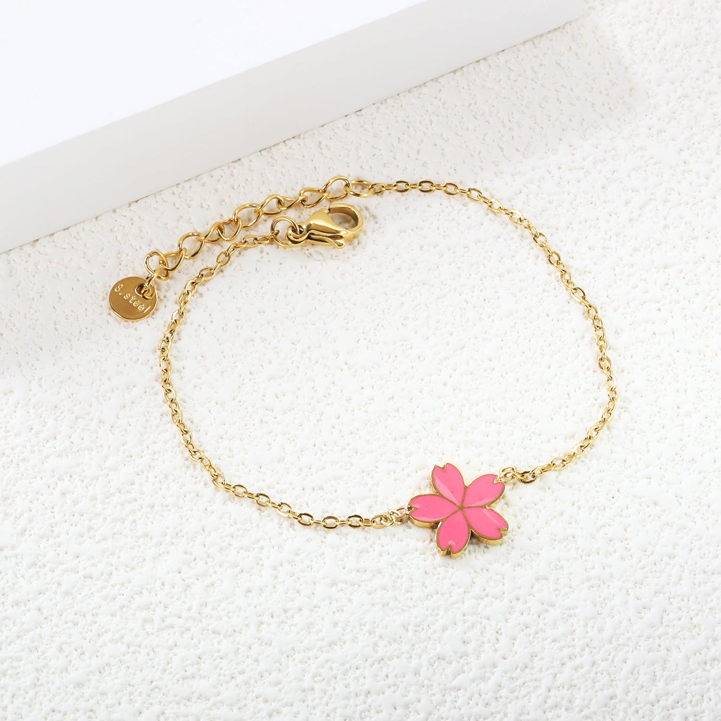 12mm Cherry Blossom with Pink Drip Oil Bracelet Cross 0.4mm*17+3cm+6mm Round Plaque GOLDEN asonjewelry