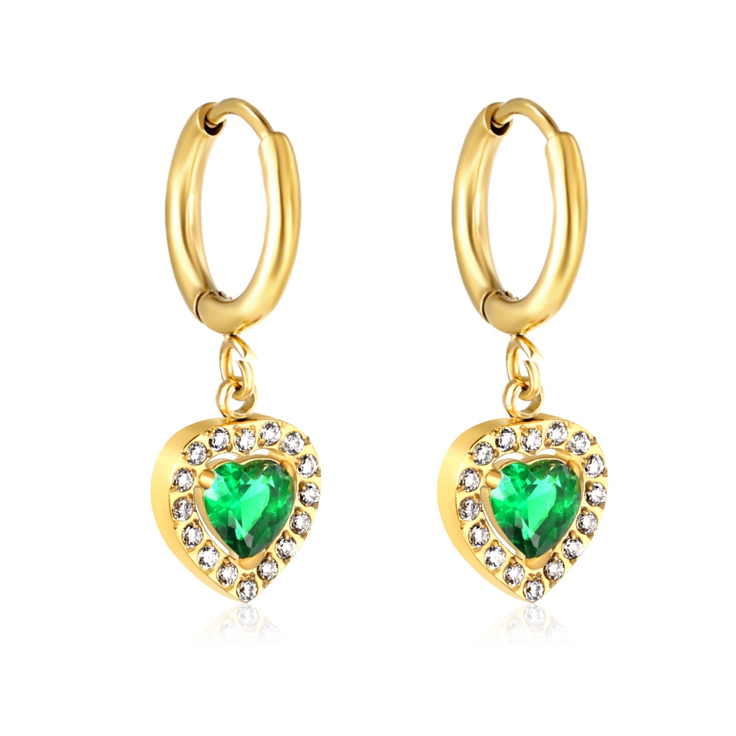 Heart shape with a circle of white diamonds + green diamonds earrings gold color asonjewelry
