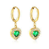 Heart shape with a circle of white diamonds + green diamonds earrings gold color