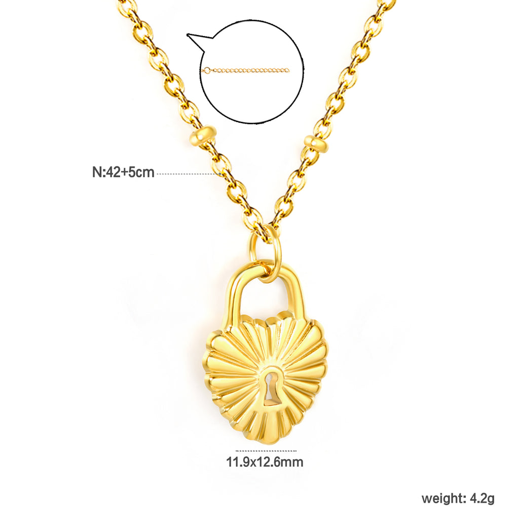 11.9*16.2mm Heart Lock Pendant 42+5cm Tail Chain+4.6*7.4mm Crescent Tail Plate Necklace Gold Color