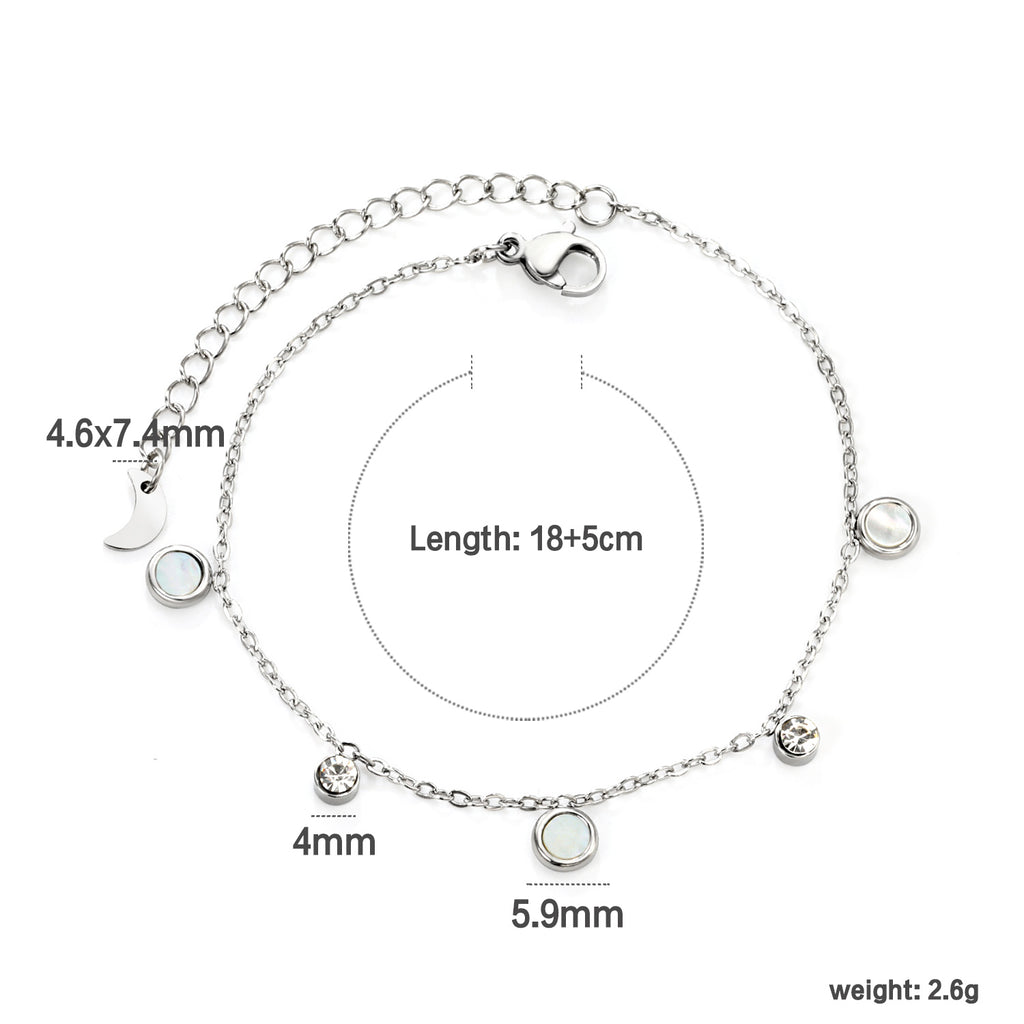 5.9mm three round white shells + 4mm two cylindrical with white diamonds accessories 18 + 5cm end chain + 4.6 * 7.4 crescent tail plate bracelet steel color