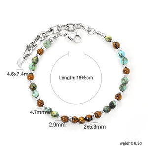 About 4.7mm mixed color round beads + 2.9mm round steel beads 18+5cm end chain + 4.6*7.4 crescent moon tail plate bracelet steel color
