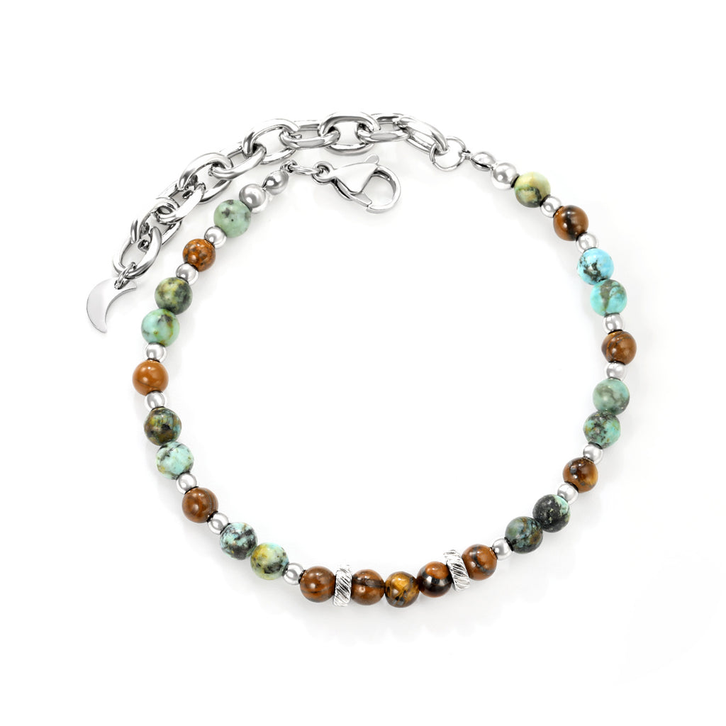 About 4.7mm mixed color round beads + 2.9mm round steel beads 18+5cm end chain + 4.6*7.4 crescent moon tail plate bracelet steel color