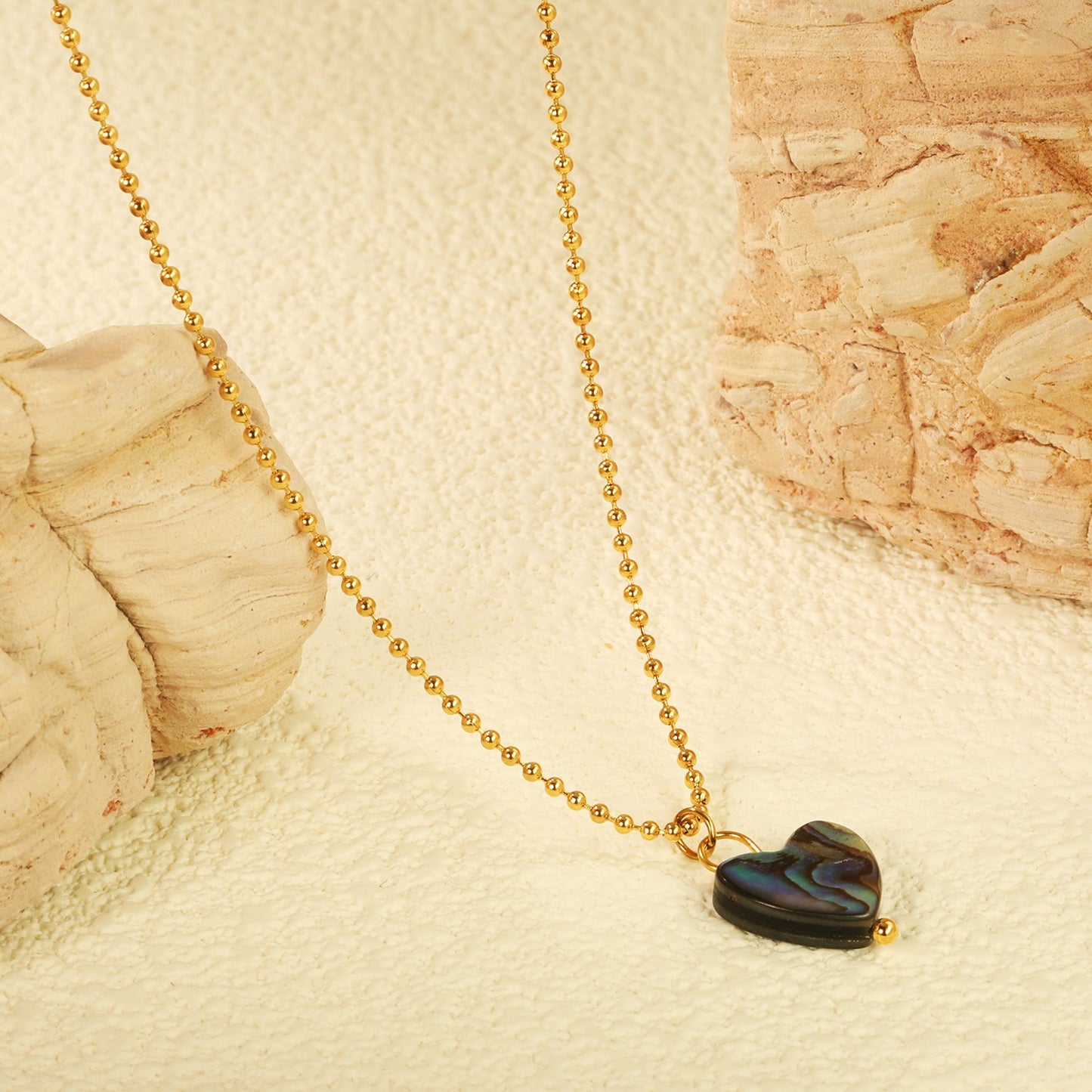 12.2*11.5mm heart-shaped abalone shell pendant necklace 1.5mm*45+5cm+6mm round plate Gold color asonjewelry