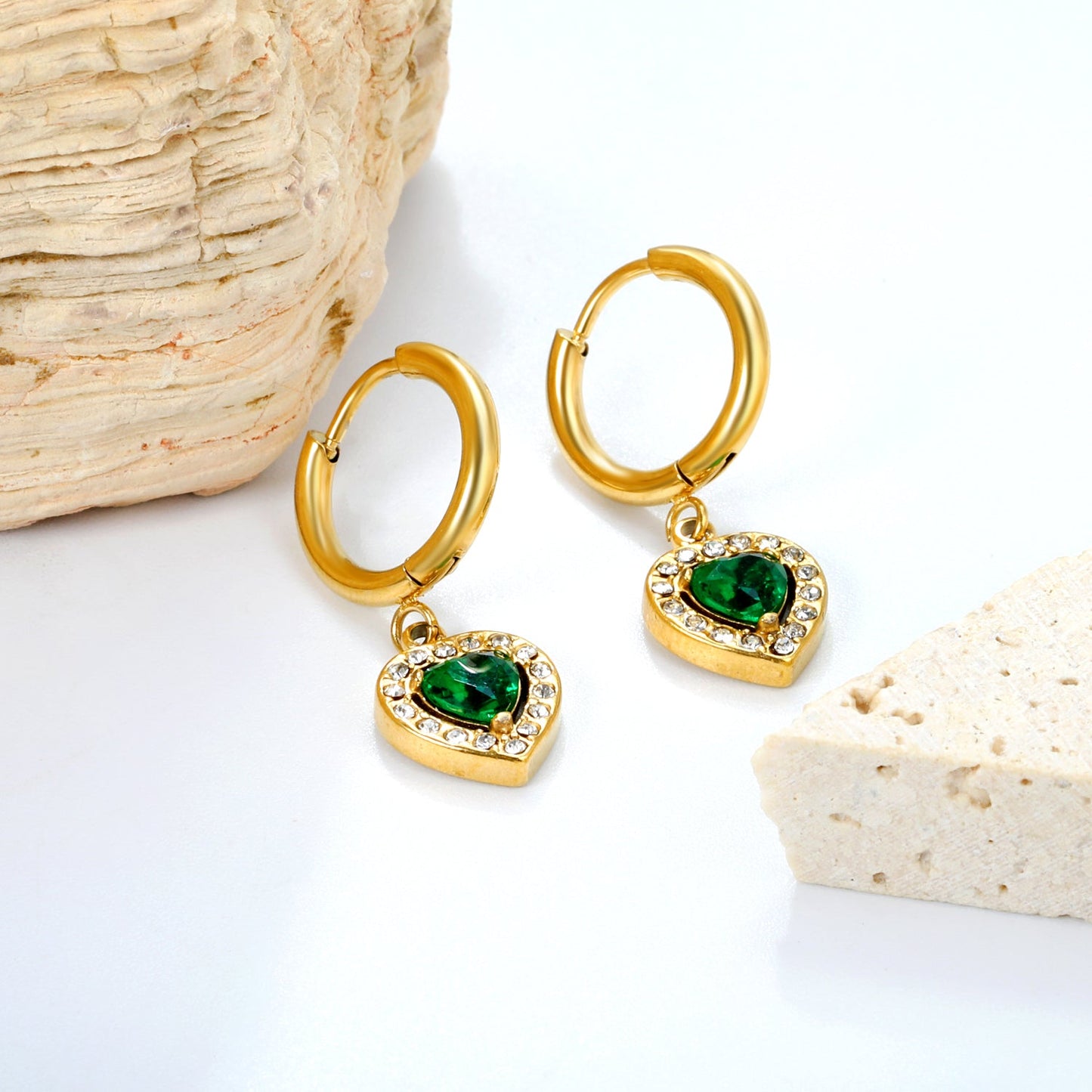 Heart shape with a circle of white diamonds + green diamonds earrings gold color asonjewelry