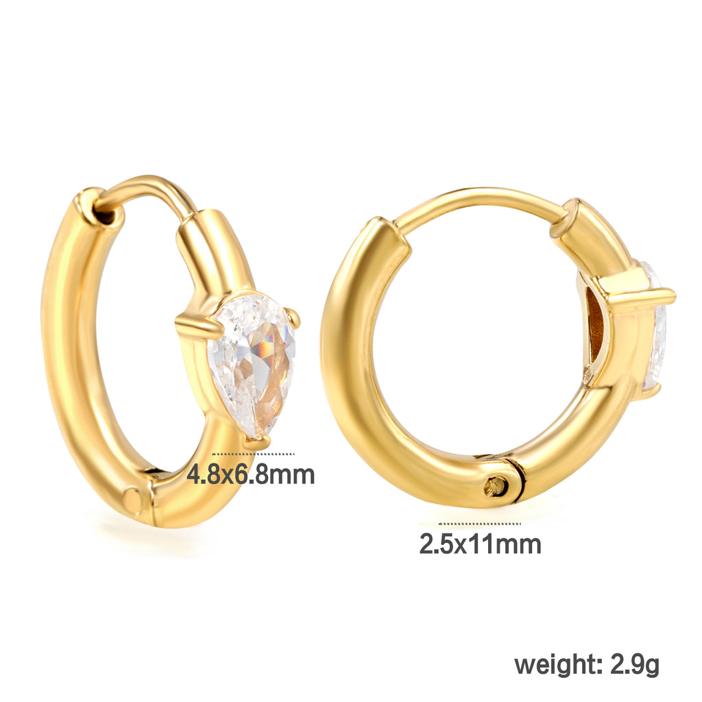 4.8*6.4-6.8mm teardrop shaped three claw white zirconium earrings 2.2-2.5*inner diameter 10-11mm steel color/golden color