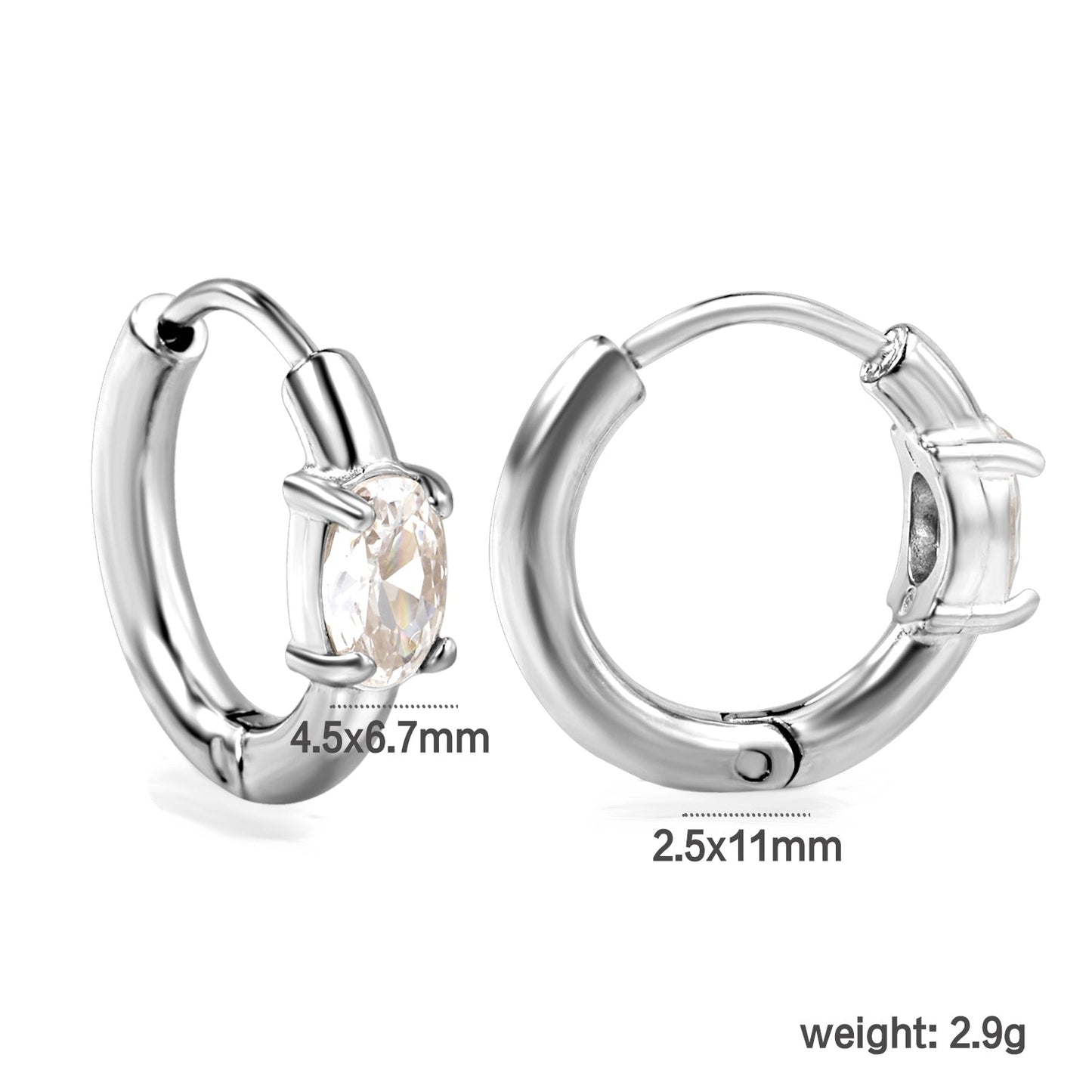 4.5*6.7mm Oval Four Claw White Zirconia Ear Clips 2.5*I.D. 11mm Steel Gold asonjewelry