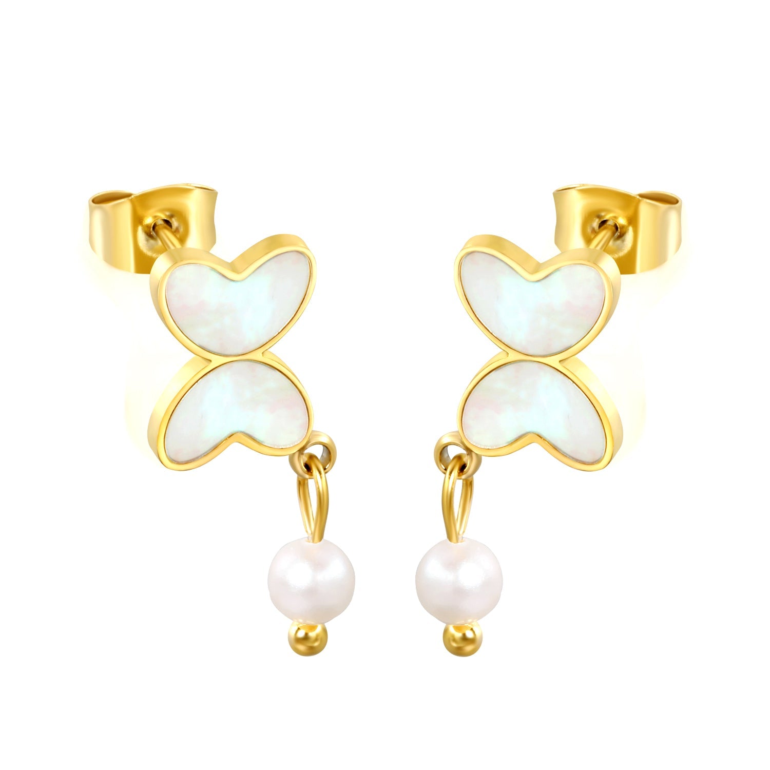 7.8*11mm Butterfly with cut corrosion surface/white shell/pink/light blue/green oil drops + 4mm freshwater pearl earrings Gold color asonjewelry