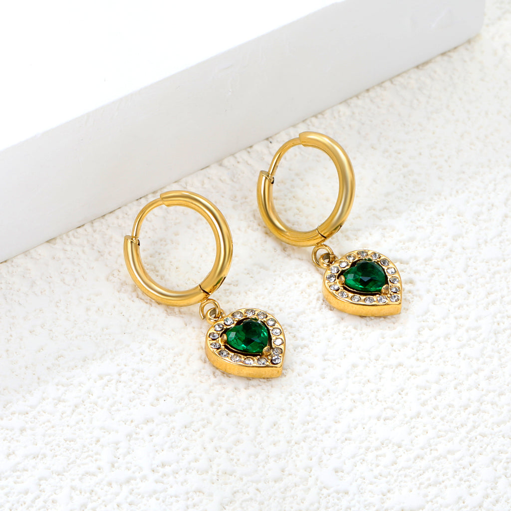 Heart shape with a circle of white diamonds + green diamonds earrings gold color