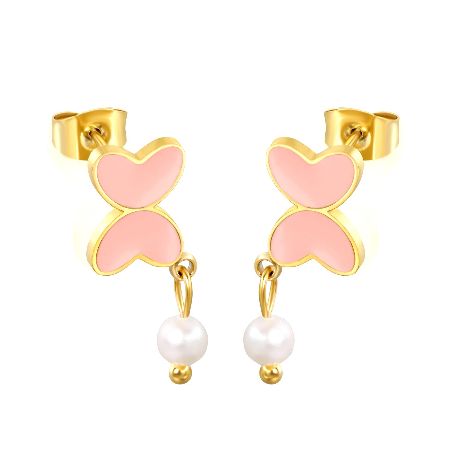 7.8*11mm Butterfly with cut corrosion surface/white shell/pink/light blue/green oil drops + 4mm freshwater pearl earrings Gold color asonjewelry