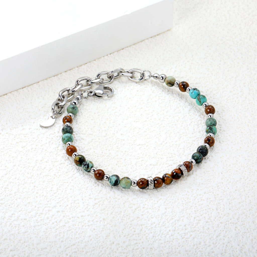 About 4.7mm mixed color round beads + 2.9mm round steel beads 18+5cm end chain + 4.6*7.4 crescent moon tail plate bracelet steel color