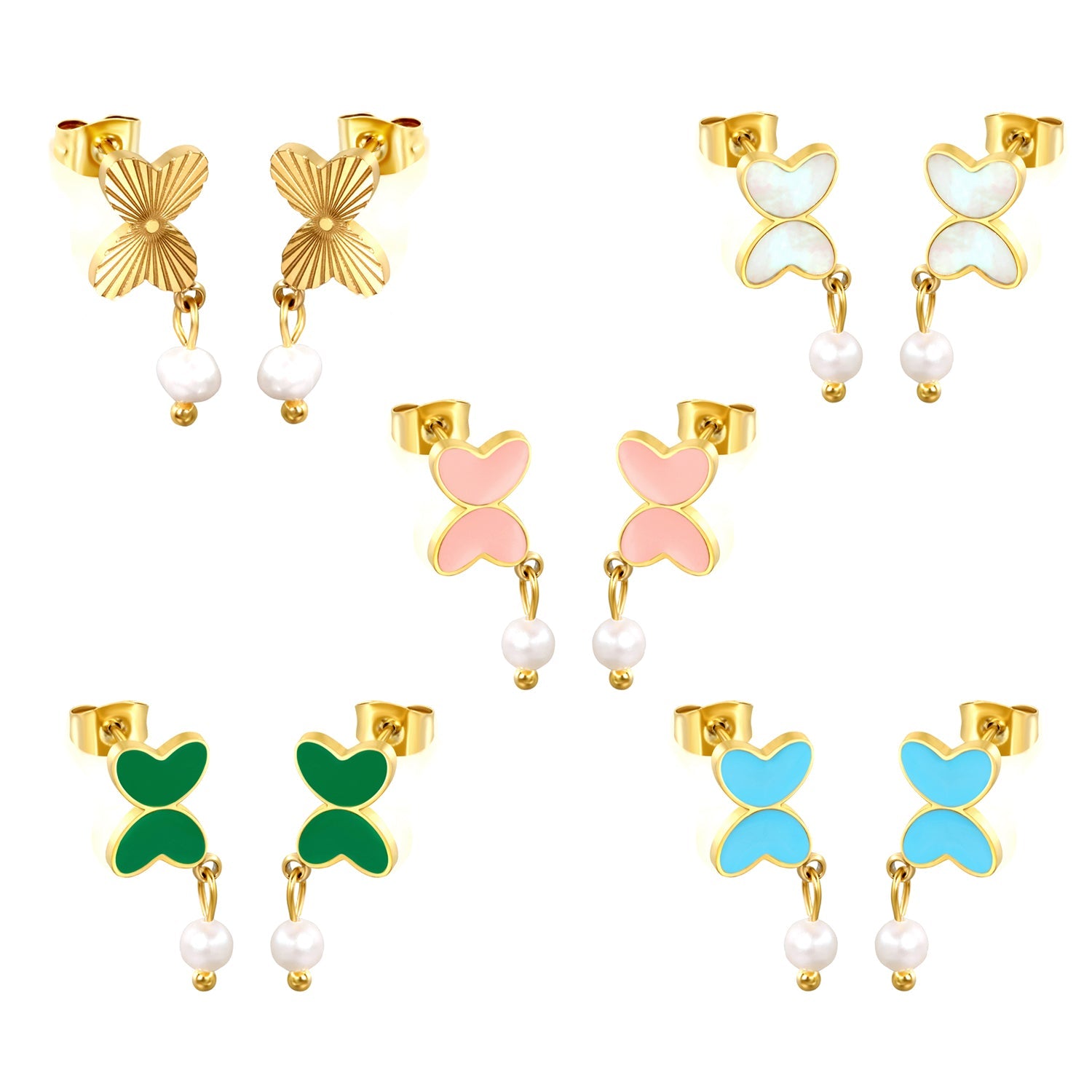7.8*11mm Butterfly with cut corrosion surface/white shell/pink/light blue/green oil drops + 4mm freshwater pearl earrings Gold color asonjewelry