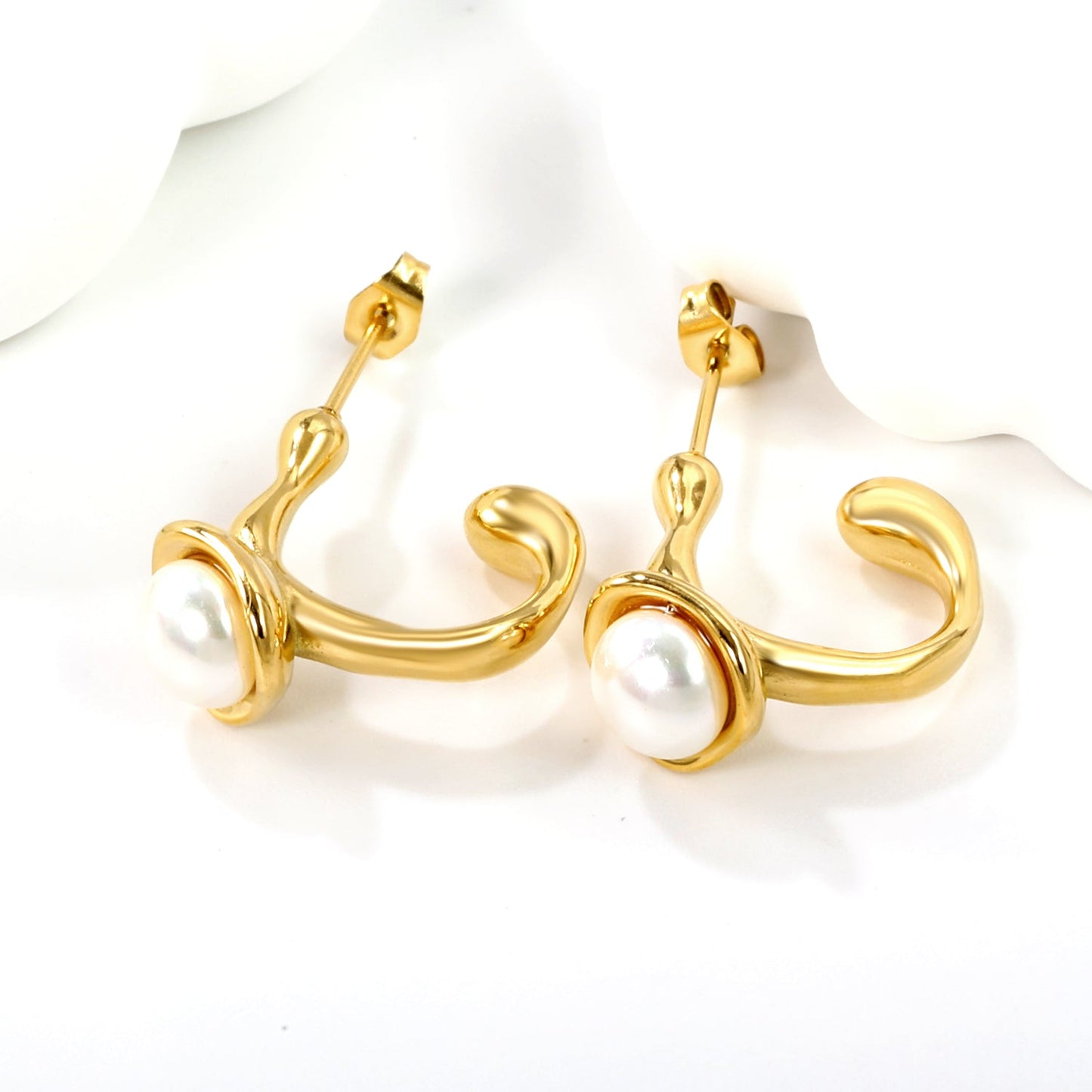 17.8mm Shaped Square Open Hole Earrings with 7mm White Pearls Gold Color asonjewelry
