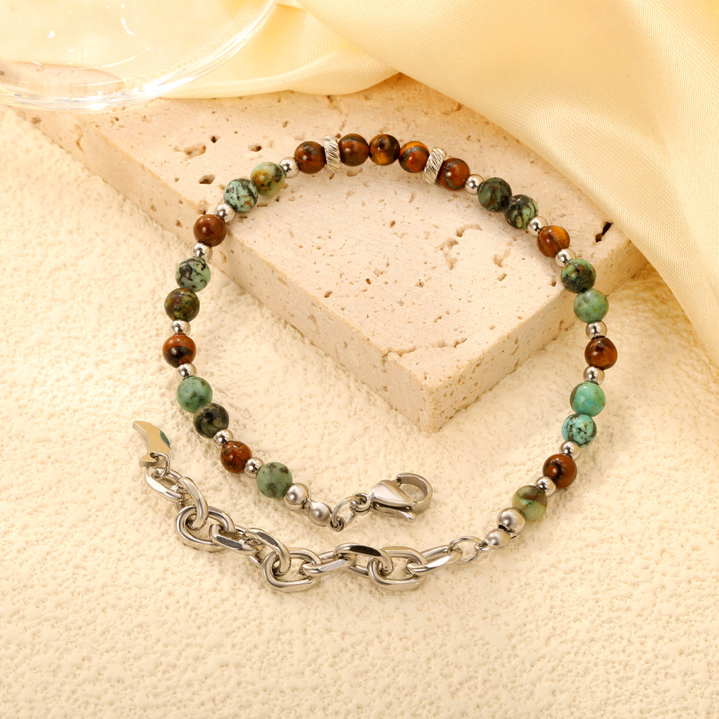 About 4.7mm mixed color round beads + 2.9mm round steel beads 18+5cm end chain + 4.6*7.4 crescent moon tail plate bracelet steel color