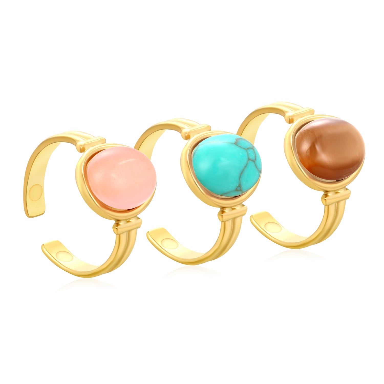 3-Piece Gold Open Rings Set: Pink Turquoise, Blue Turquoise & Brown Stone asonjewelry
