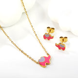 8.6*6.4mm small elephant with pink oil drop earrings +12.2*9mm pendant set cross 0.3mm*45+5cm+6mm round plate steel color / gold color