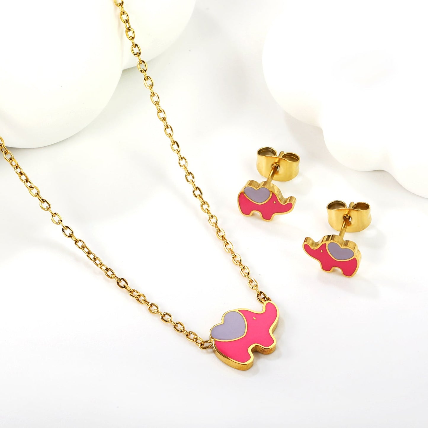 8.6*6.4mm small elephant with pink oil drop earrings +12.2*9mm pendant set cross 0.3mm*45+5cm+6mm round plate Gold color asonjewelry