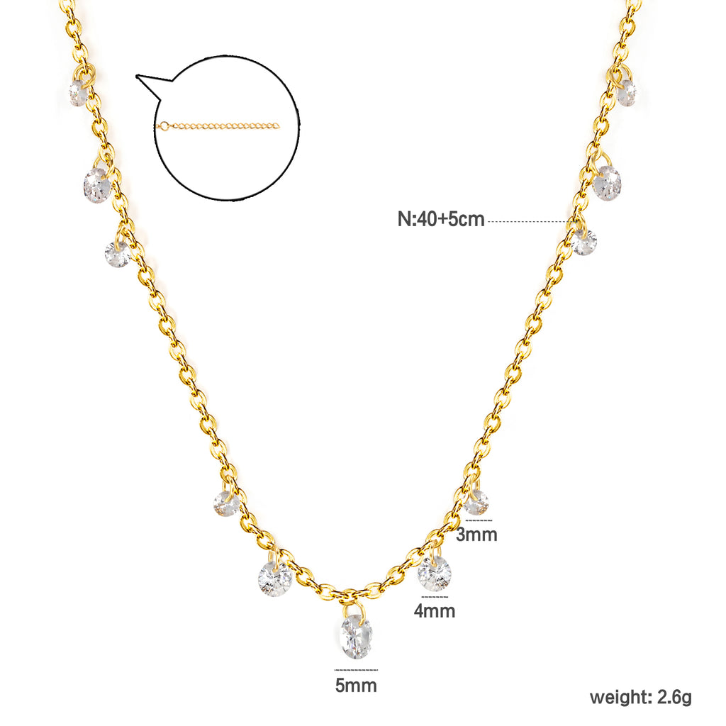 3+4+5mm round white zirconia necklace cross chain 40+5cm+6mm round plate Gold color
