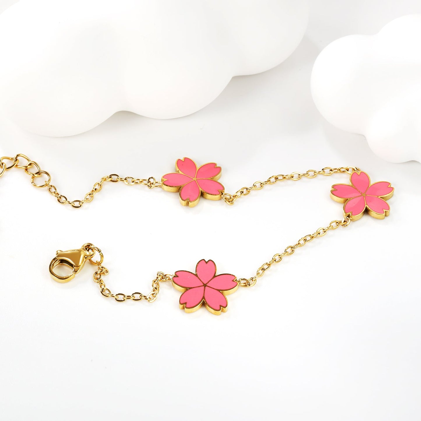 3 12mm cherry blossom with pink oil drop bracelet cross 0.4mm*17+3cm+6mm round plate Gold color asonjewelry