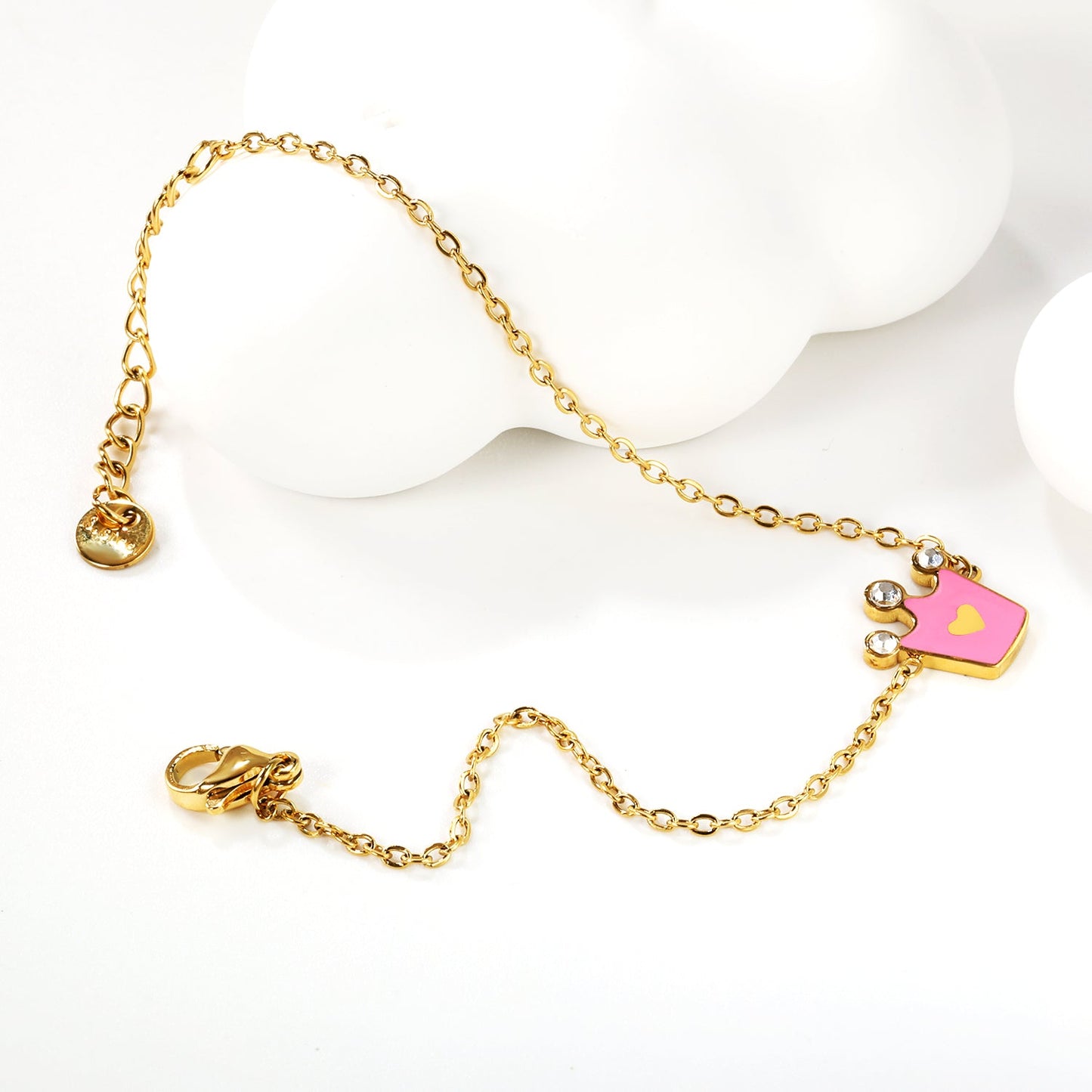 12mm Crown with Pink Oil Drip Bracelet Cross 0.4mm*17+3cm+6mm Round Plaque Gold Color asonjewelry