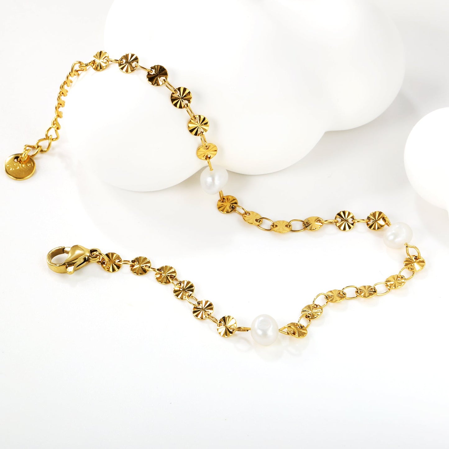 3pcs 5.8*4.6mm freshwater pearls+embossed round cake chain bracelet 17+3cm gold color asonjewelry