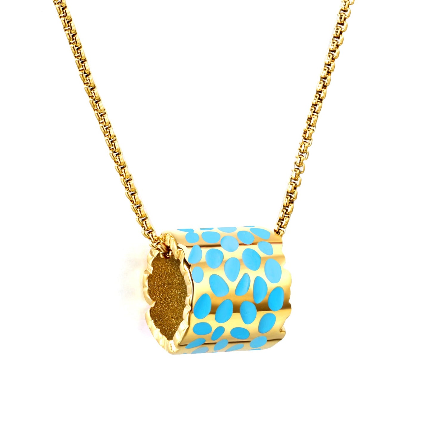 11*12mm hollow cylinder with light curry/pink/blue speckled oil drop pendant necklace 1.2 square pearl chain 40+5cm+6mm round piece gold color asonjewelry