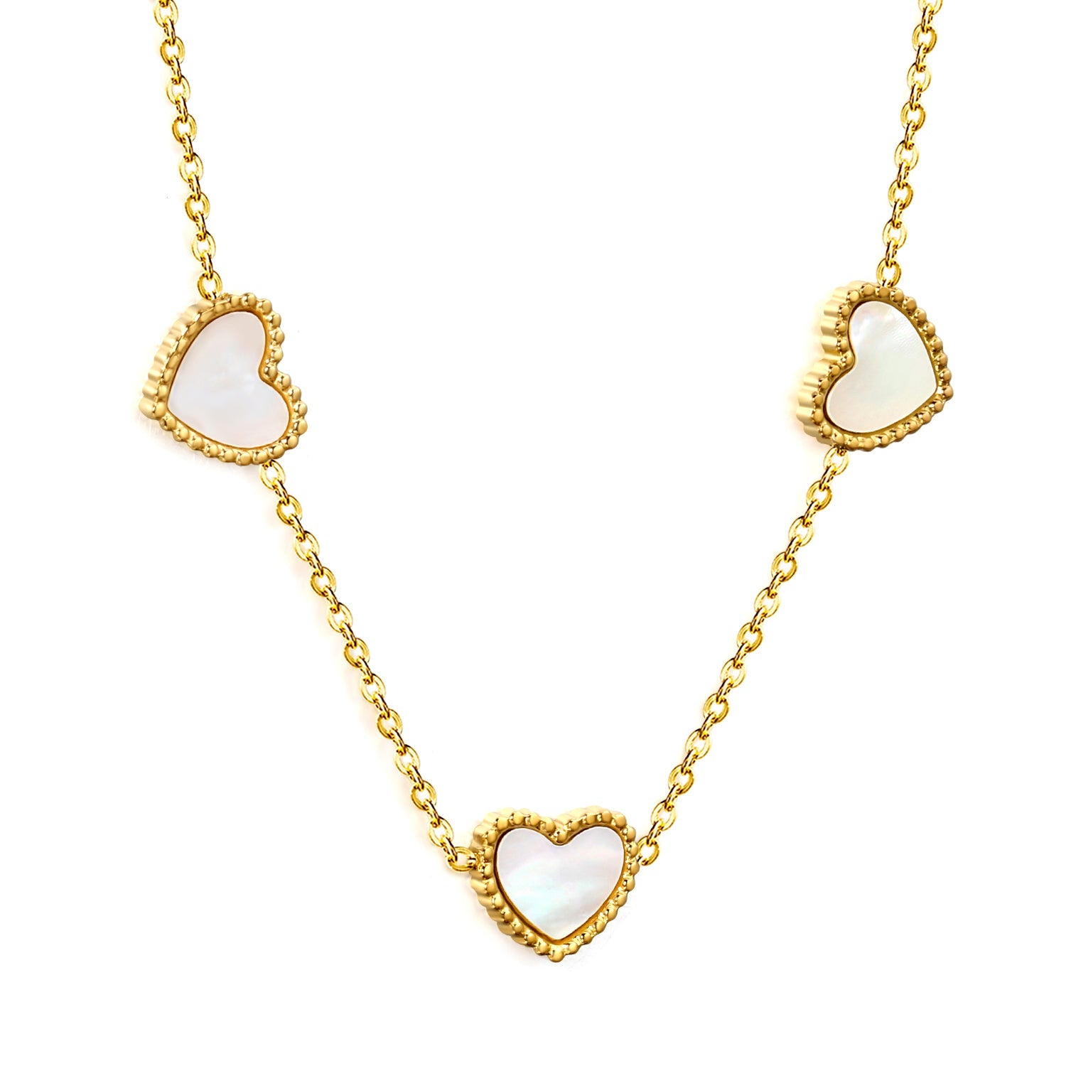 10.7*10mm beaded edge heart-shaped sticky white shell necklace 40+5cm+6mm round plate Gold color asonjewelry
