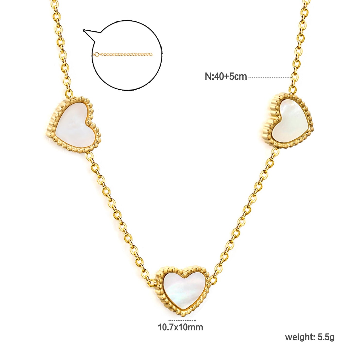 10.7*10mm beaded edge heart-shaped sticky white shell necklace 40+5cm+6mm round plate Gold color asonjewelry