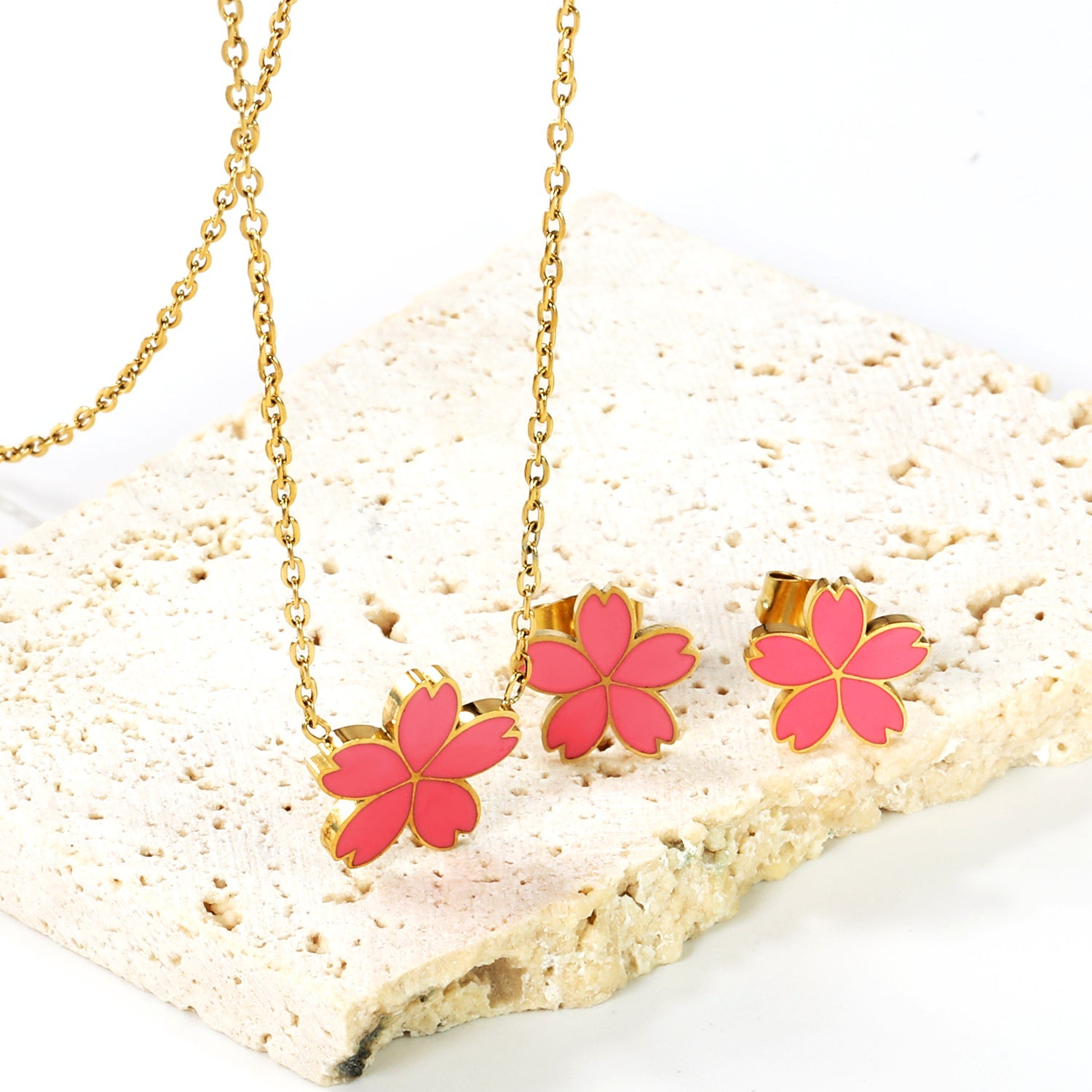 10mm Cherry Blossom with Pink Drip Earrings + 12.5mm Pendant Set Cross 0.3mm*45+5cm+6mm Round Gold Color asonjewelry