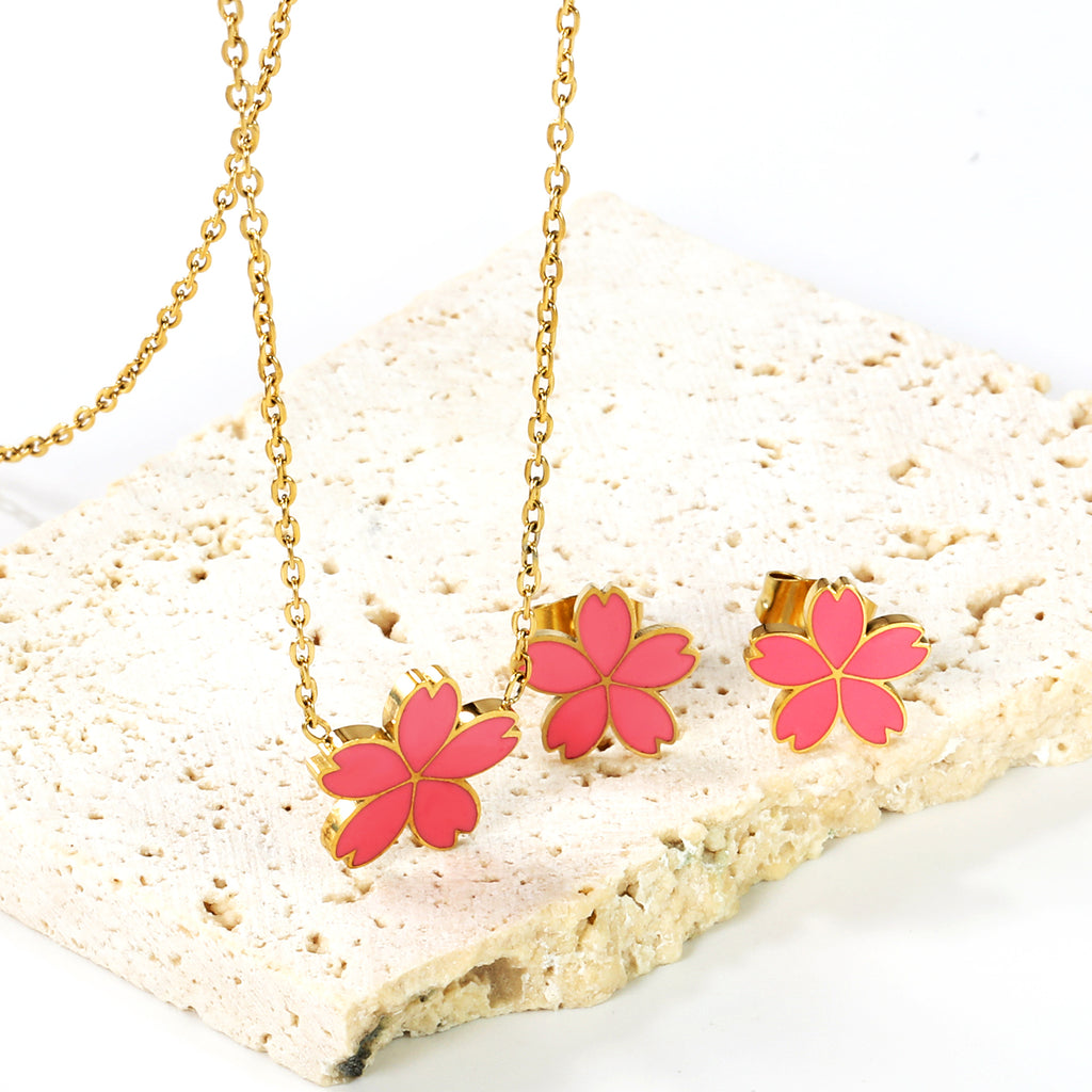 10mm cherry blossom with pink oil drop earrings + 12.5mm pendant set cross 0.3mm*45+5cm+6mm round plate steel color / gold color