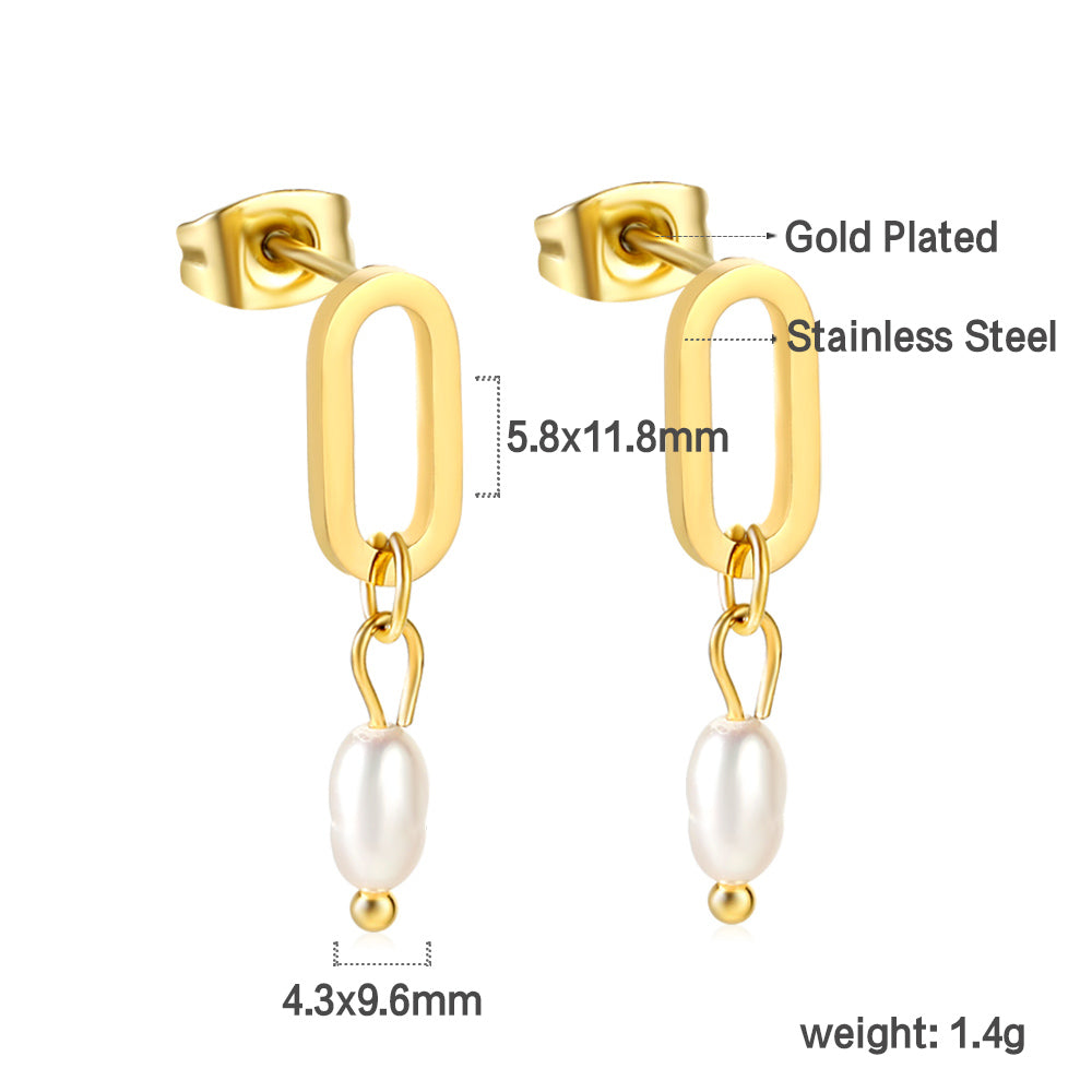 Long Oval Hoop with Oval White Pearl Stud Earrings asonjewelry