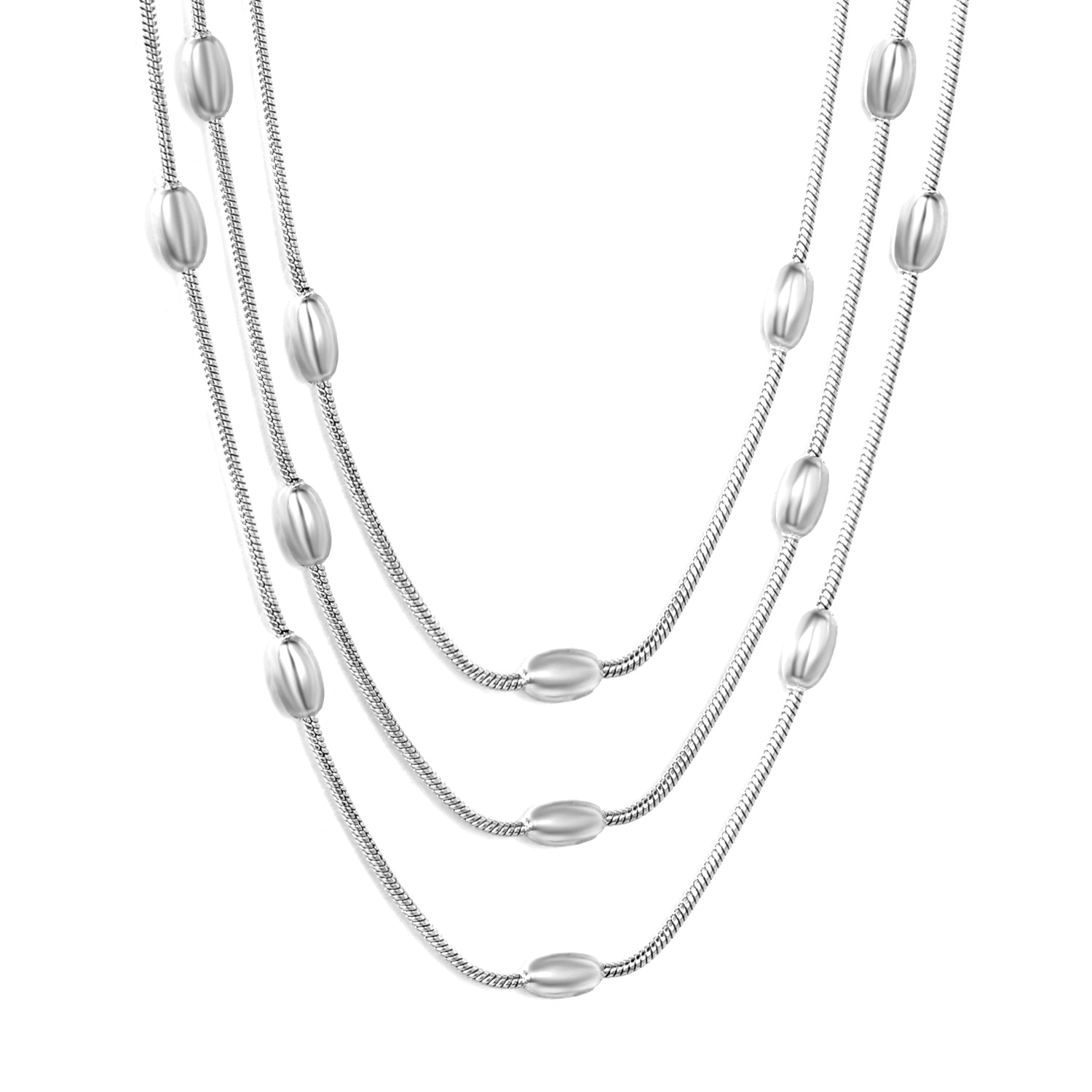 4*7mm oval bead double-layer snake bone chain 120+5cm+6mm round tag necklace Steel color/gold asonjewelry