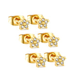 3 pairs of 5mm star stud earrings with white rhinestones in gold