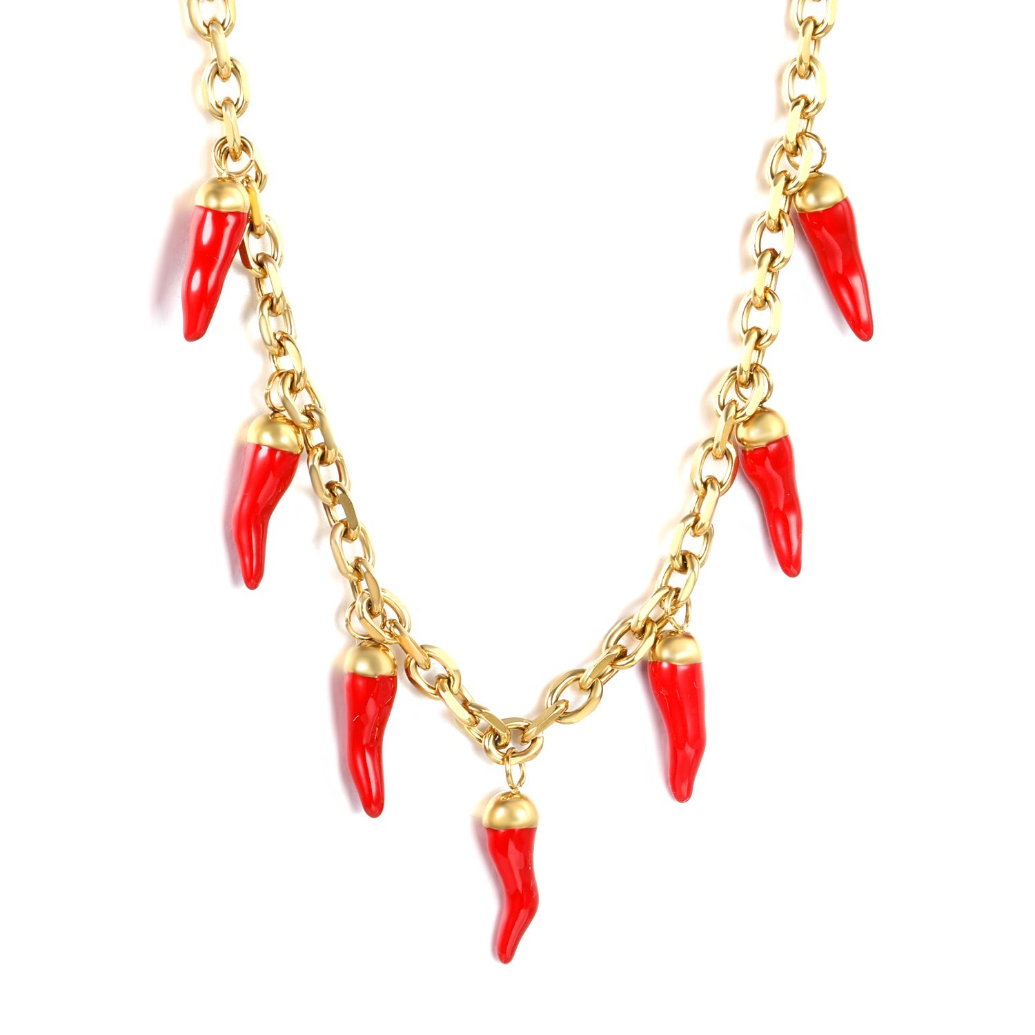 5x16mm Full Gold/Red Chili Pepper Pendant with 1.2mm 0-Link Chain, 40+5cm + 6mm Round Tag Necklace, Gold asonjewelry