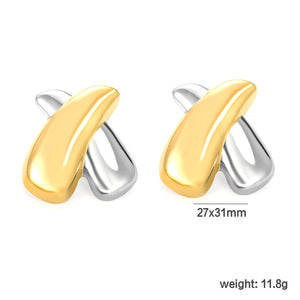 27mm*31mm Two-Tone X-Shaped Stud Earrings, Two-Tone Gold