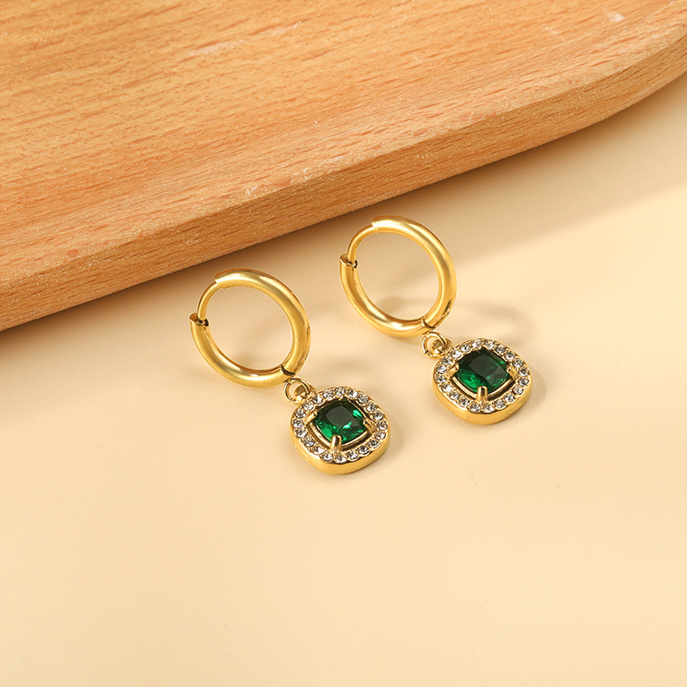 2x13mm circle with square green diamond + white diamond hoop earrings asonjewelry