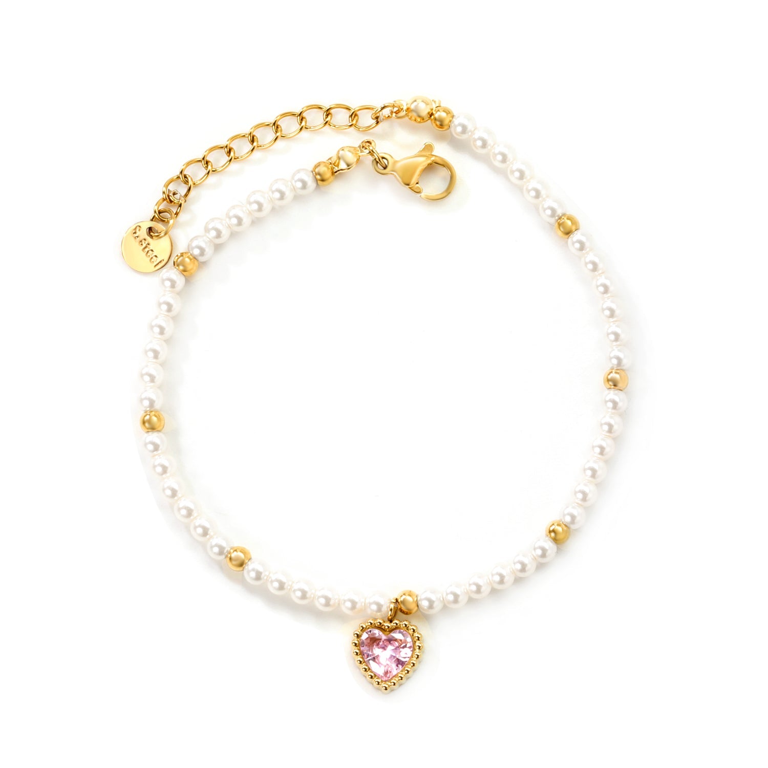 8.5 x 8.8mm beaded heart-shaped pendant with white/black/red/pink/green zirconia stones, 3.2mm white pearl beads + 3mm small steel beads, 18+3cm + 6mm round pendant, gold-colored bracelet asonjewelry