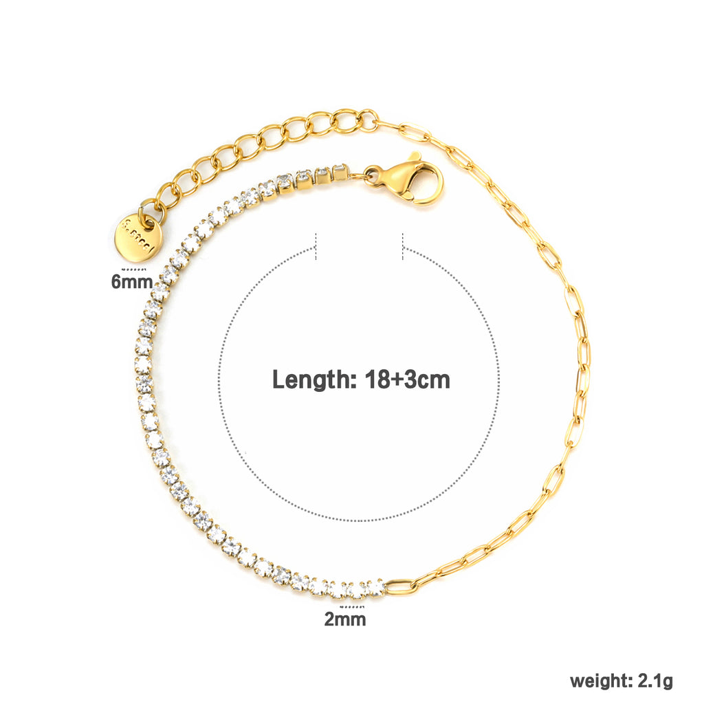2mm white/black/purple/pink/light blue four-prong round zirconia 18+3cm+6mm round pendant bracelet, gold