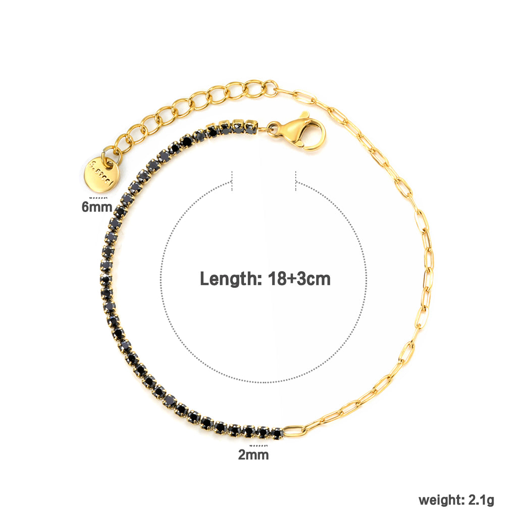 2mm white/black/purple/pink/light blue four-prong round zirconia 18+3cm+6mm round pendant bracelet, gold