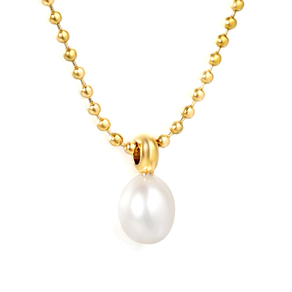 9*11mm Freshwater Pearl Pendant with 2mm Bead Chain and Round End Cap Necklace, Gold