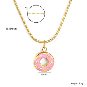 12mm Donut Ring Rhinestone Pendant 1.2 Round Snake Chain Round Tag Necklace Gold